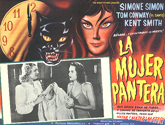 Cartel en español de "La Mujer Pantera" [1942], la primera de las 9 películas de terror de serie B producidas por Val Lewton.