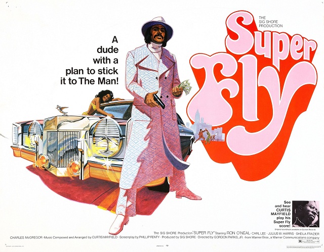Afiche de "Super Fly" [1972], que fue criticada por su representación de los afroamericanos. El álbum de la banda sonora, de Curtis Mayfield, superó en beneficios a la película.